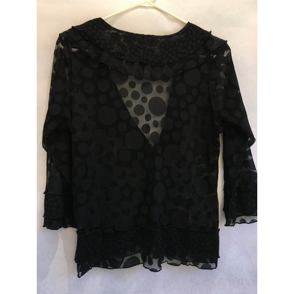 Vine Street Women's Polka Dot Sheer 3/4 Sleeve Tie Front Blouse Black Medium